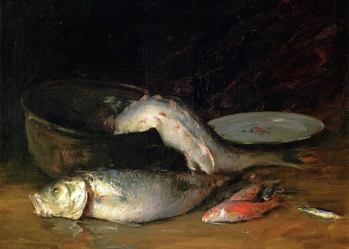 Big Copper Kettle And Fish (also Known As Fish) William Merritt Chase - Date Greeting Card featuring the painting Big Copper Kettle and Fish #3 by William Merritt