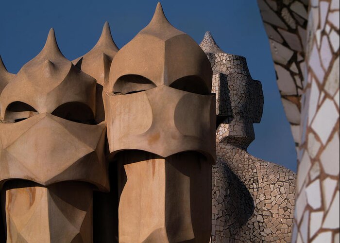 Chimneys And Ventilation Shafts Rooftop Casa Mila Apartments Barcelona Architect Gaudi Greeting Card featuring the photograph Casa Mila Gaudi by Jerry Daniel