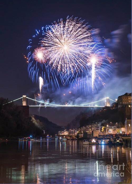 Fireworks Greeting Card featuring the photograph Clifton Suspension Bridge fireworks #3 by Colin Rayner