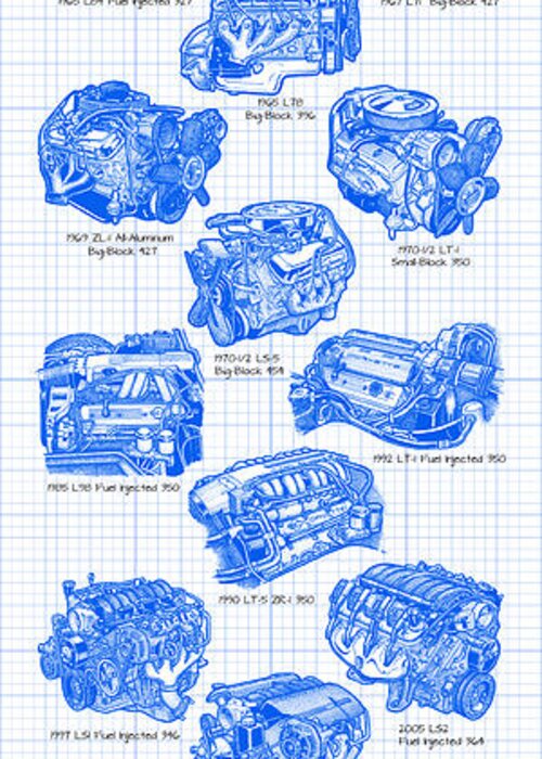 Corvette Engines Greeting Card featuring the digital art Corvette Power - Corvette Engines Blueprint #3 by K Scott Teeters