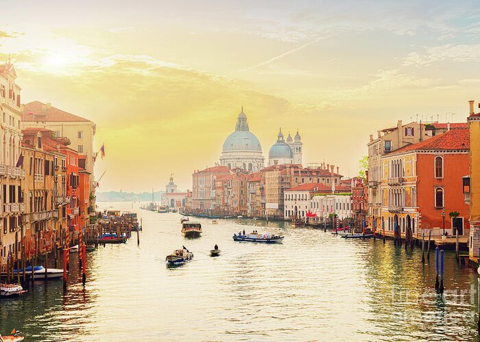 Venezia Greeting Card featuring the photograph Grand canal and Sunrise, Venice, Italy by Anastasy Yarmolovich