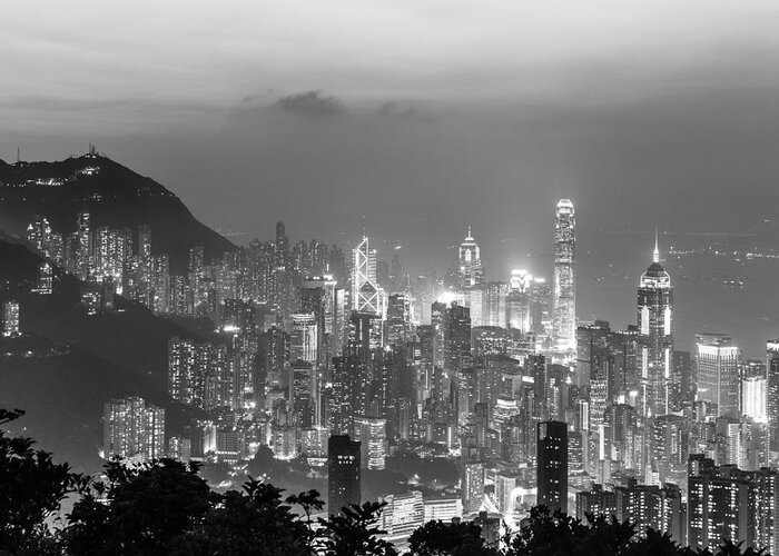 B&w Greeting Card featuring the photograph Hong Kong skyline #3 by Didier Marti