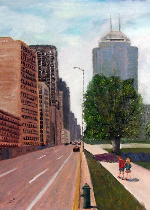 Cityscape Greeting Card featuring the painting Indy Kids #3 by Stan Hamilton