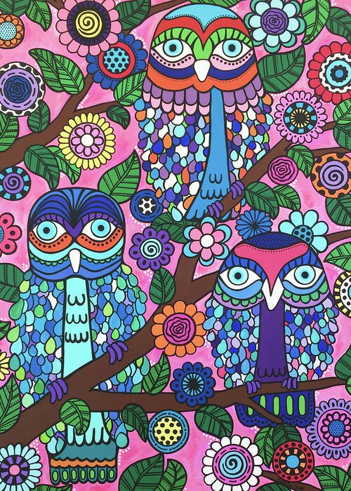 Owls Greeting Card featuring the painting 3 Owls by Beth Ann Scott