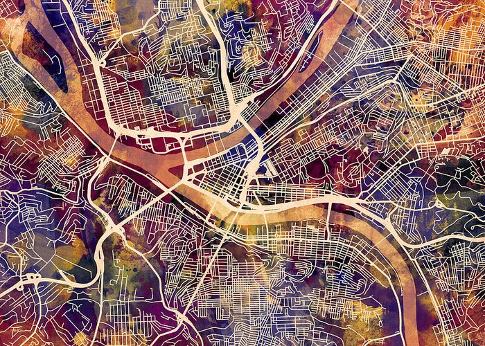 Street Map Greeting Card featuring the digital art Pittsburgh Pennsylvania Street Map #3 by Michael Tompsett