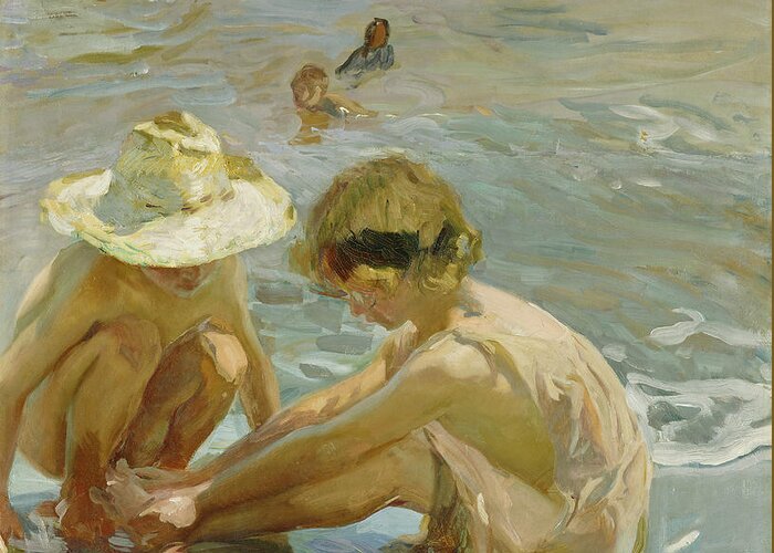 Joaquin Sorolla Y Bastida Greeting Card featuring the painting The wounded foot #3 by Joaquin Sorolla y Bastida