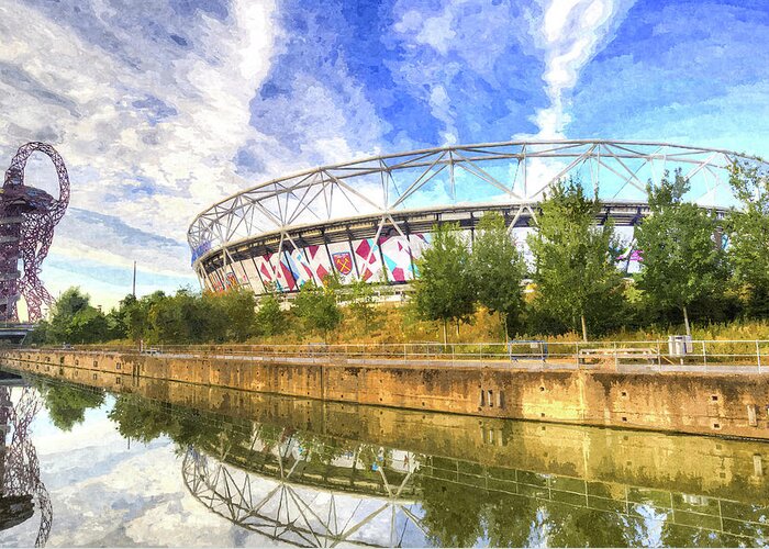  Greeting Card featuring the photograph West Ham Olympic Stadium And The Arcelormittal Orbit Art #3 by David Pyatt