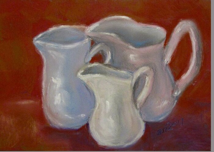 Pitchers Greeting Card featuring the pastel 3 White Cream Pitchers by Barbara O'Toole
