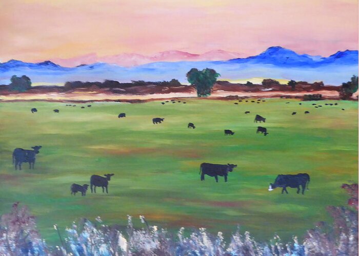 Cows In Pasture Greeting Card featuring the painting #30 Waking Up #30 by Cheryl Nancy Ann Gordon