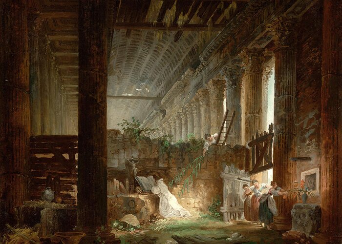Hubert Robert Greeting Card featuring the painting A Hermit Praying in the Ruins of a Roman Temple by Hubert Robert