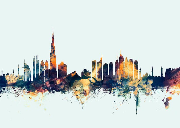 Urban Greeting Card featuring the digital art Dubai Skyline #4 by Michael Tompsett