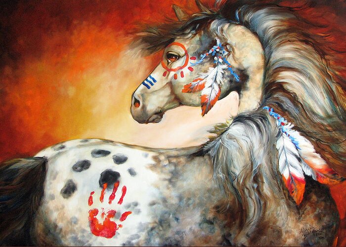 Horse Greeting Card featuring the painting 4 Feathers Indian War Pony by Marcia Baldwin