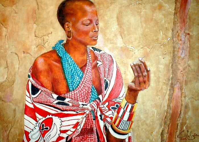 Maasai Women Greeting Card featuring the painting He Has Loved Me #4 by G Cuffia