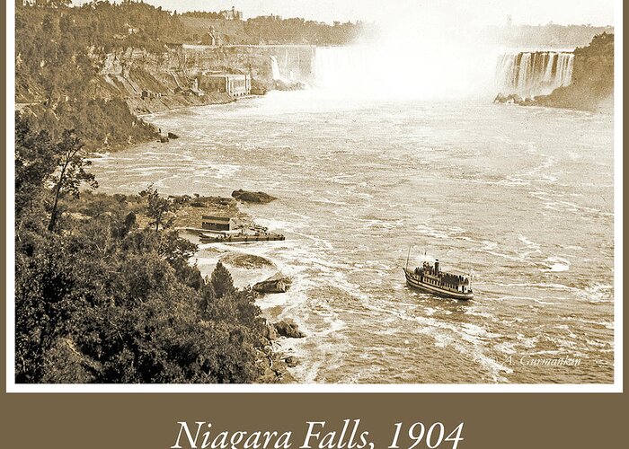 Niagara Falls Greeting Card featuring the photograph Niagara Falls with Sightseeing Boat, 1904, Vintage Photograph by A Macarthur Gurmankin