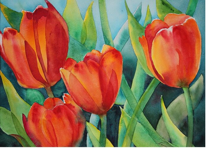 Red Flowers Greeting Card featuring the painting 4 Red Tulips by Ruth Kamenev