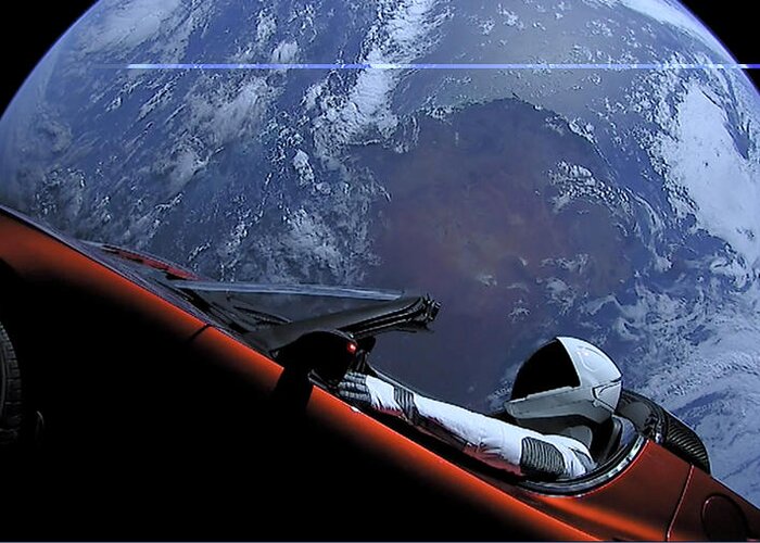 Starman In Tesla Roadster With Planet Earth Traveling In The Space Greeting Card featuring the painting Starman In Tesla Roadster With Planet Earth traveling in the Space #4 by Celestial Images