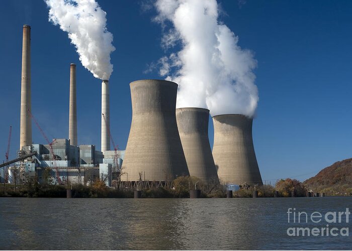 Tower Greeting Card featuring the photograph Three cooling towers at a power plant. #4 by Anthony Totah