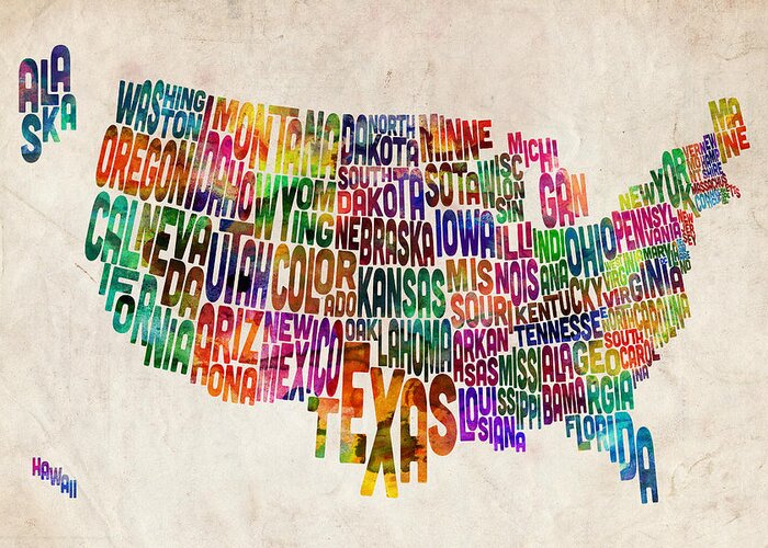 Usa Map Greeting Card featuring the digital art United States Text Map by Michael Tompsett