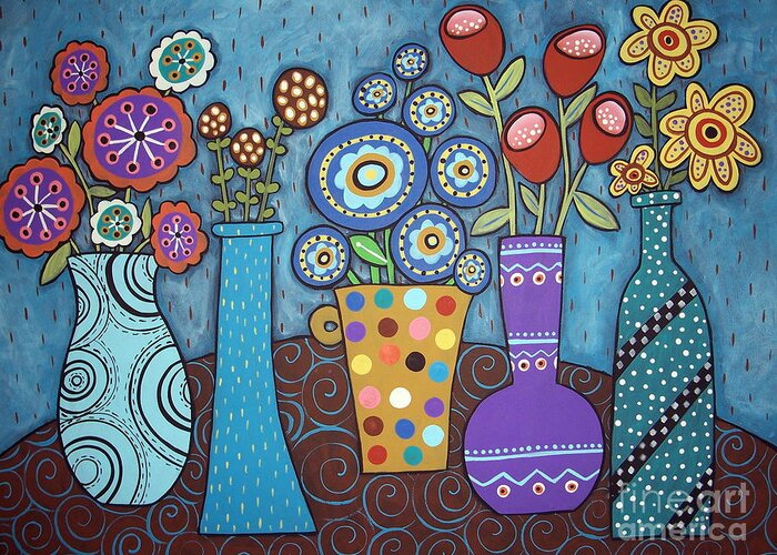 Flowers Greeting Card featuring the painting 5 Flower Pots by Karla Gerard
