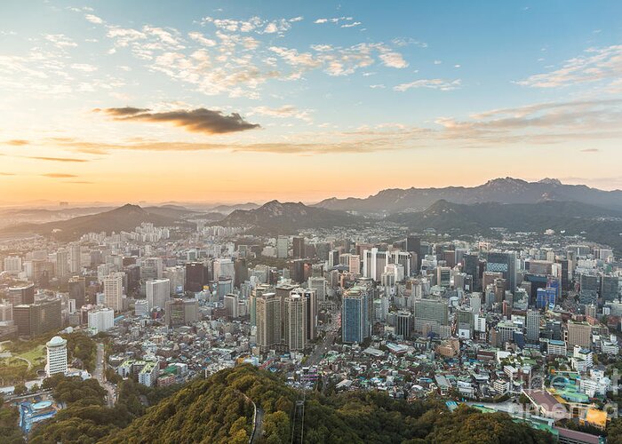Aerial Greeting Card featuring the photograph Sunset over Seoul #5 by Didier Marti