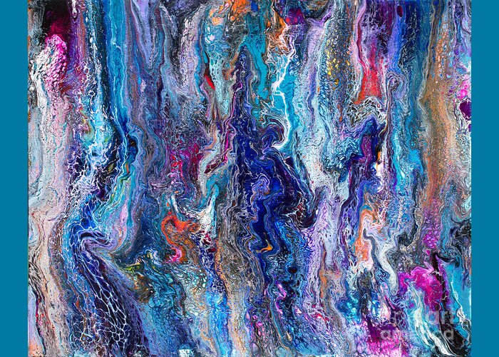 Original Abstract Dynamic Lacy Blue Liquid Art Form Swipe Full Of Seductive Texture And Intrigue With Pink Orange Purple Black Accents Greeting Card featuring the painting #542 #542 by Priscilla Batzell Expressionist Art Studio Gallery