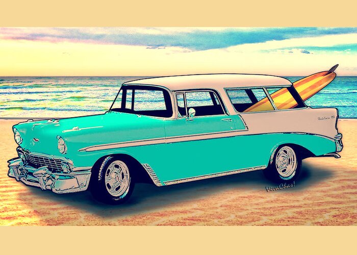 Chevy Greeting Card featuring the photograph 56 Chevy Nomad by the Sea in the Morning with VivaChas by Chas Sinklier