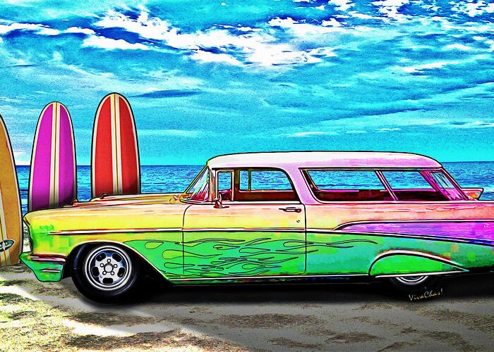 1957 Greeting Card featuring the digital art 57 Chevy Nomad Wagon Best Part of Waking Up by Chas Sinklier
