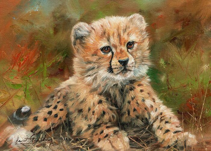 Cheetah Greeting Card featuring the painting Cheetah Cub #6 by David Stribbling