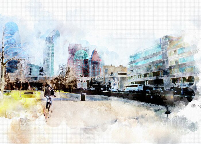 The Hague Greeting Card featuring the digital art City Life In Watercolor Style #6 by Ariadna De Raadt