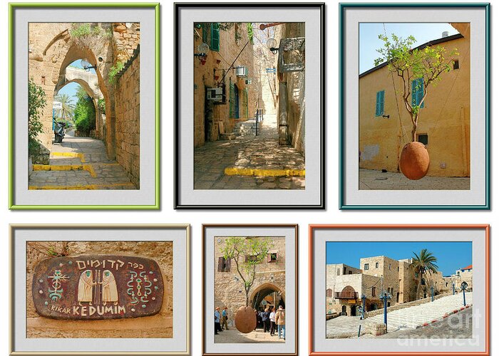 Old Greeting Card featuring the photograph 6 image Collage of Jaffa, Israel by Tomi Junger