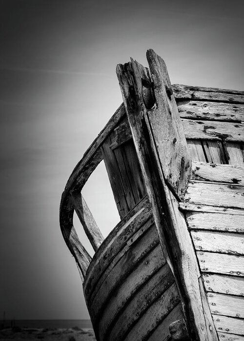 Dungeness Greeting Card featuring the photograph Old Abandoned Boat Portrait BW by Rick Deacon