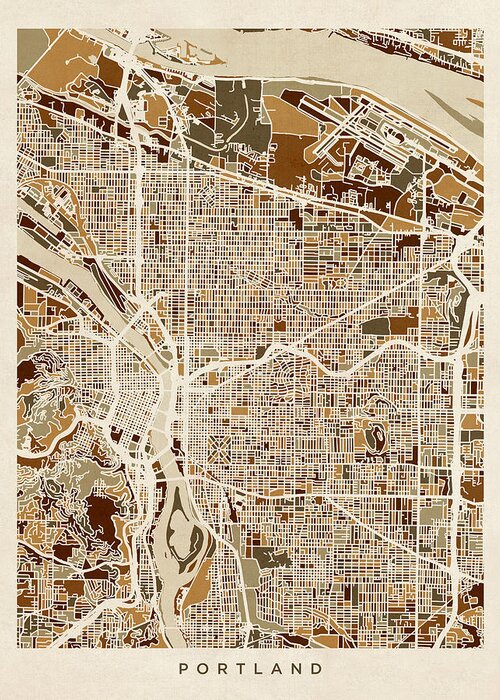 Portland Greeting Card featuring the digital art Portland Oregon City Map by Michael Tompsett