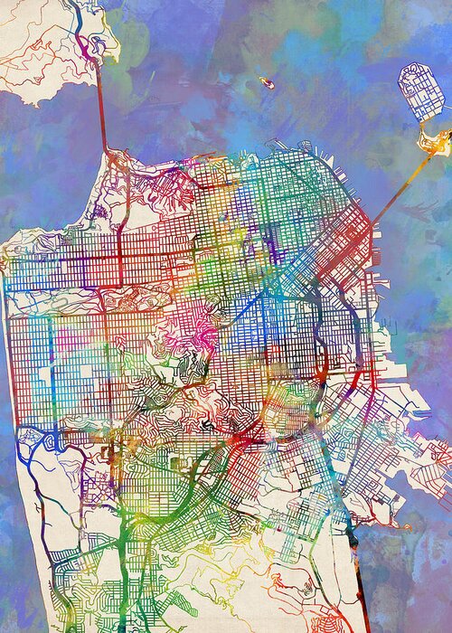 San Francisco Greeting Card featuring the digital art San Francisco City Street Map by Michael Tompsett