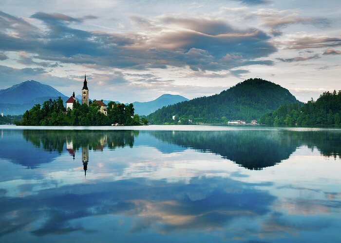 Bled Greeting Card featuring the photograph Sunset over Lake Bled #6 by Ian Middleton