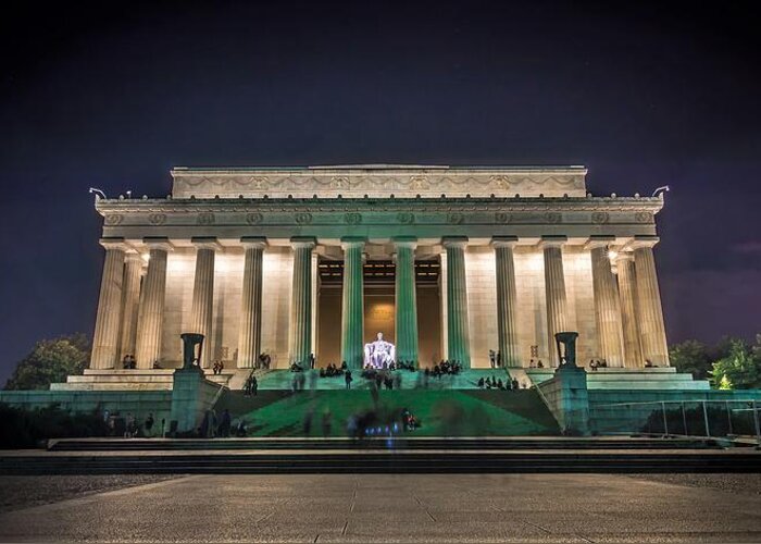 Night Greeting Card featuring the photograph Dramatic And Moody Photo Of Lincoln Memorial At Night #7 by Alex Grichenko