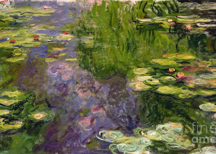 Nympheas; Water; Lily; Waterlily; Impressionist; Green; Purple Greeting Card featuring the painting Waterlilies by Claude Monet