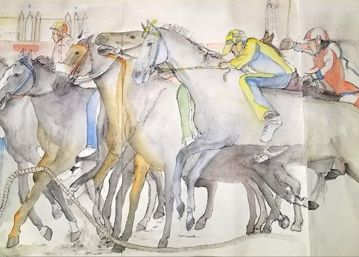 Il Palio. Siena. Italy. Horse Race. Event. Medieval. Greeting Card featuring the painting Il Palio vita album #9 by Debbi Saccomanno Chan