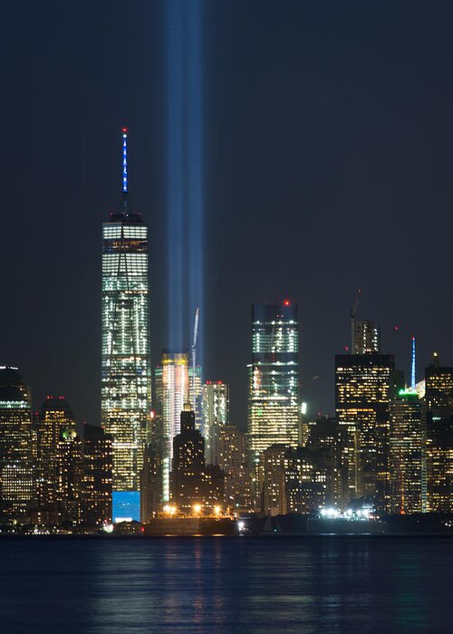 View Of Freedom Tower With Tribute In Light Greeting Card featuring the photograph 9.11.2015 Tribute In Light #9112015 by Kenneth Cole