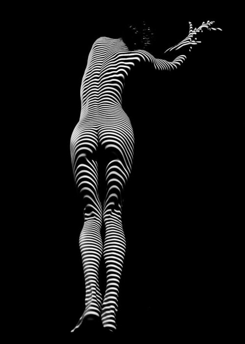 Zebra Greeting Card featuring the photograph 9747-DJA Zebra Woman Rear View Black White Stripes Sensual Female Curves of a Young Woman by Chris Maher
