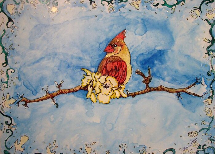 Cardinal Greeting Card featuring the painting A Birds Delight by Patricia Arroyo