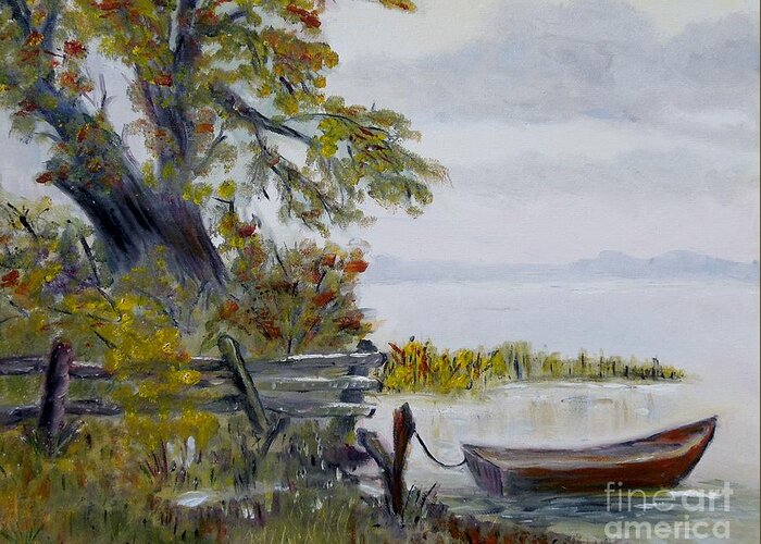 Boat Greeting Card featuring the painting A boat waiting by Marilyn McNish
