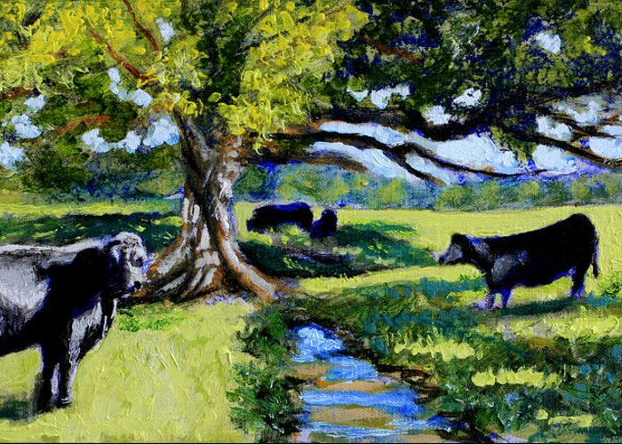 Impressionist Painting Of Cow And Bull Greeting Card featuring the painting A Challenging View by David Zimmerman