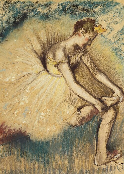 Degas Greeting Card featuring the drawing A Dancer Putting on her Shoe by Edgar Degas