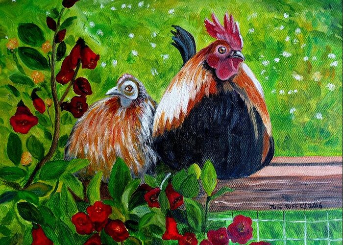 Rooster Greeting Card featuring the painting A Difference of Opinion by Julie Brugh Riffey