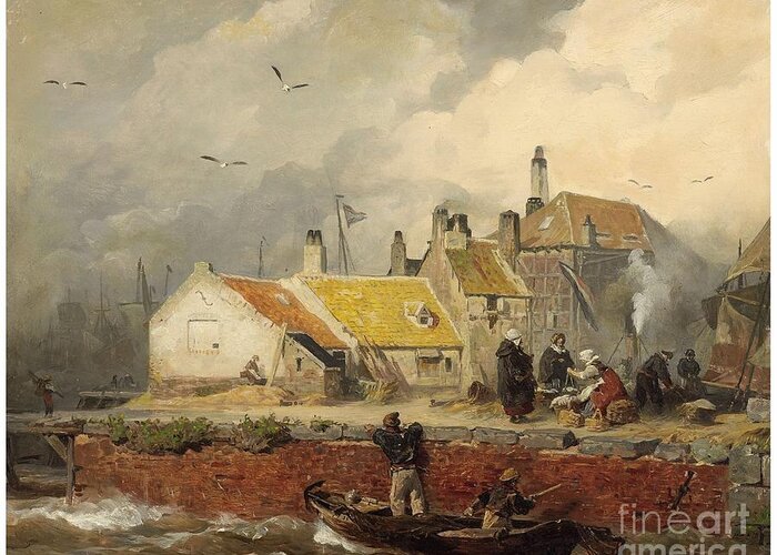 Andreas Achenbach Greeting Card featuring the painting A Dutch Coastal Scene With Fisher's Cottages by MotionAge Designs