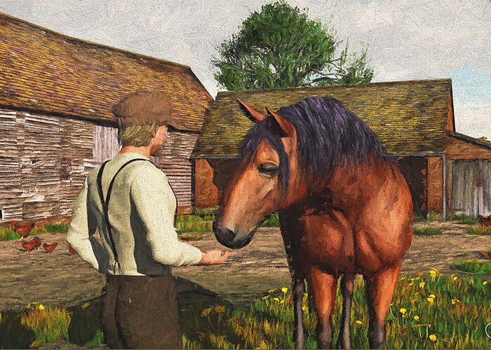 Farmer Greeting Card featuring the digital art A Farmer and His Horse by Jayne Wilson