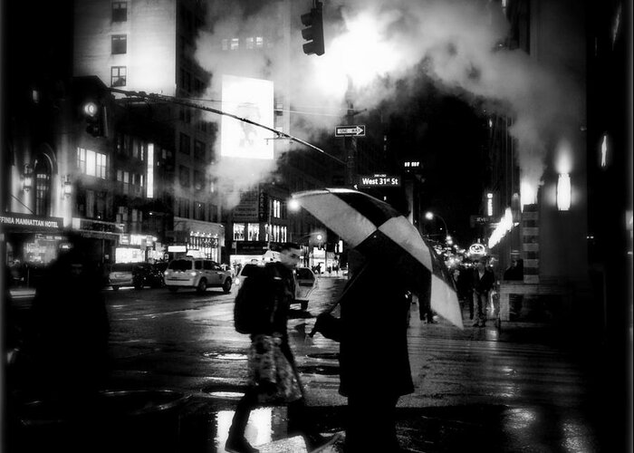 Street Photography Greeting Card featuring the photograph A Foggy Night in New York Town - Checkered Umbrella by Miriam Danar