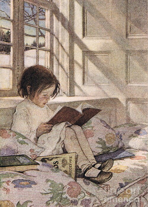 Girl Greeting Card featuring the drawing A girl reading by Jessie Willcox Smith