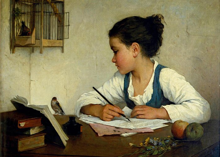 Henriette Browne Greeting Card featuring the painting A Girl Writing. The Pet Goldfinch by Henriette Browne
