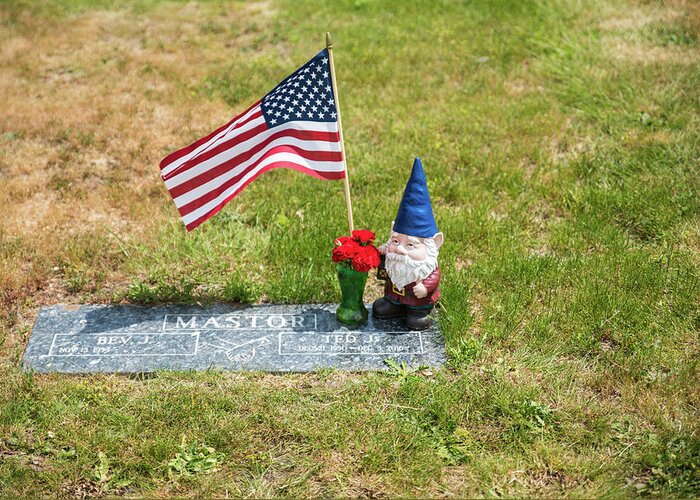 A Gnome Keeps Watch Greeting Card featuring the photograph A Gnome Keeps Watch by Tom Cochran